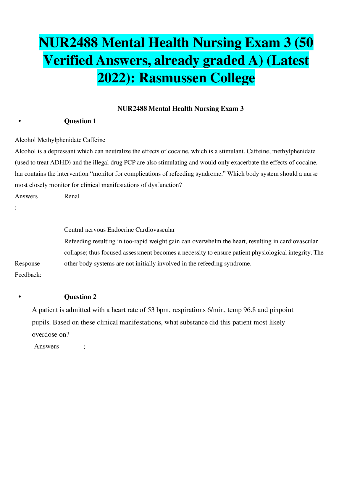 Preview image for NUR2488 Mental Health Nursing Exam 3 (50 Verified Answers, Already graded A) (Latest 2022)  Rasmussen College